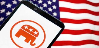 Republican elephant logo on phone, American flag background.