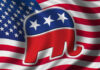 Republican Party elephant logo on American flag background.