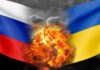 Explosions between Russian and Ukrainian flags.