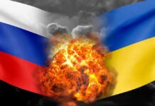 Explosions between Russian and Ukrainian flags.