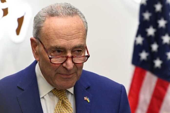 shutterstock_2433744405.jpg featured image Chuck Schumer in suit with glasses, American flag background.