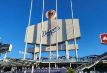 Dodger Stadium entrance with signage and clear sky