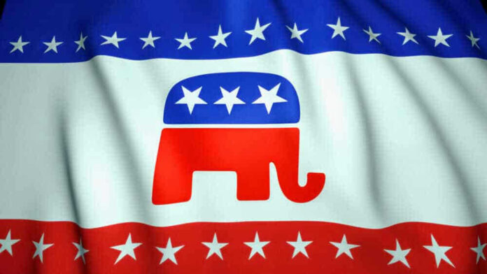 Republican Party flag with elephant symbol and stars.