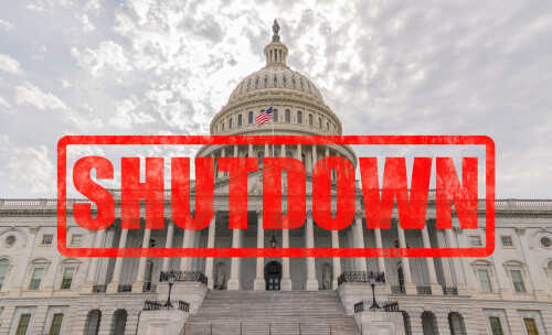 U.S. Capitol building with a red SHUTDOWN overlay