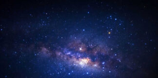 Starry night sky with bright Milky Way galaxy