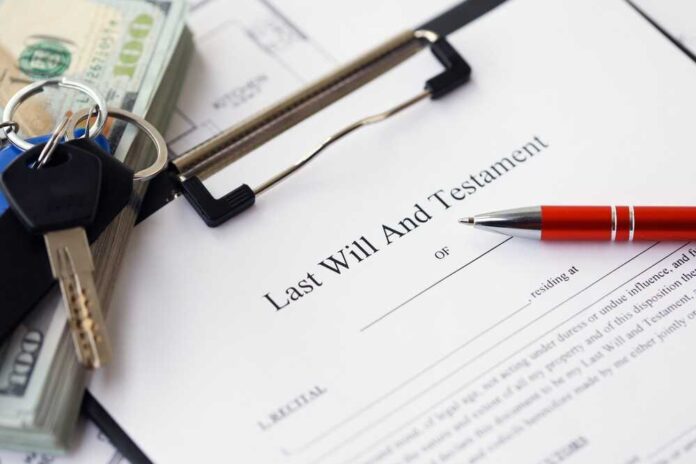 A last will and testament document with a pen, keys, and cash