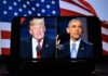 Split screen of Donald Trump and Barack Obama during a political event