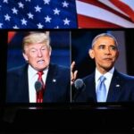 Split screen of Donald Trump and Barack Obama during a political event