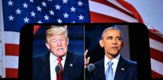 Split screen of Donald Trump and Barack Obama during a political event