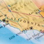 Close-up view of a map highlighting California and its major cities