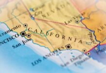 Close-up view of a map highlighting California and its major cities