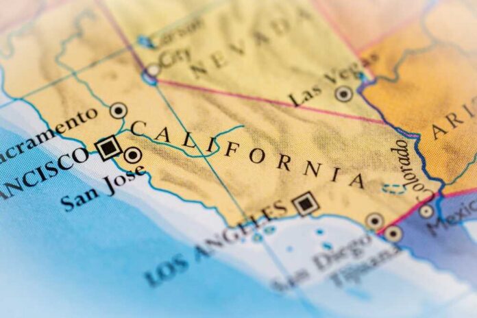 Close-up view of a map highlighting California and its major cities