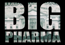 Text 'BIG PHARMA' overlaid on a background of U.S. currency