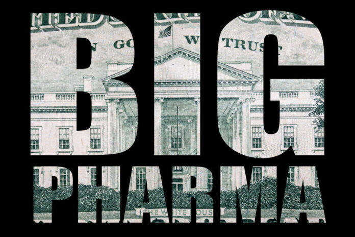 shutterstock_1435687229.jpg Text 'BIG PHARMA' overlaid on a background of U.S. currency