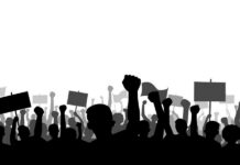 Silhouetted crowd of protesters raising fists and holding signs