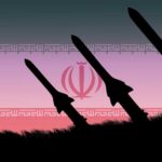 Silhouetted missiles against a sunset background with an Iranian emblem