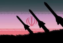 Silhouetted missiles against a sunset background with an Iranian emblem