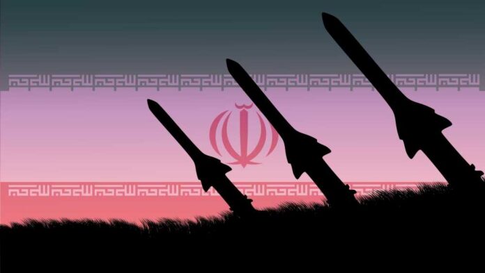 Silhouetted missiles against a sunset background with an Iranian emblem