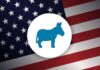 Blue donkey symbol on a background of the American flag