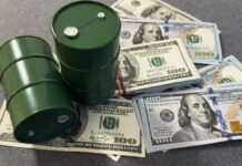 Two green oil barrels placed on a pile of hundred dollar bills