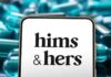 Smartphone displaying the 'hims & hers' logo with pills in the background