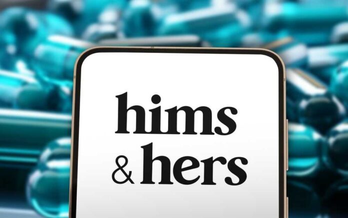 Smartphone displaying the 'hims & hers' logo with pills in the background