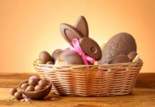 A basket filled with various chocolate Easter treats including a bunny and eggs