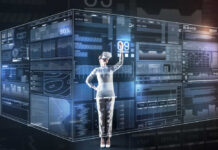 Person using a virtual reality headset interacting with a digital interface