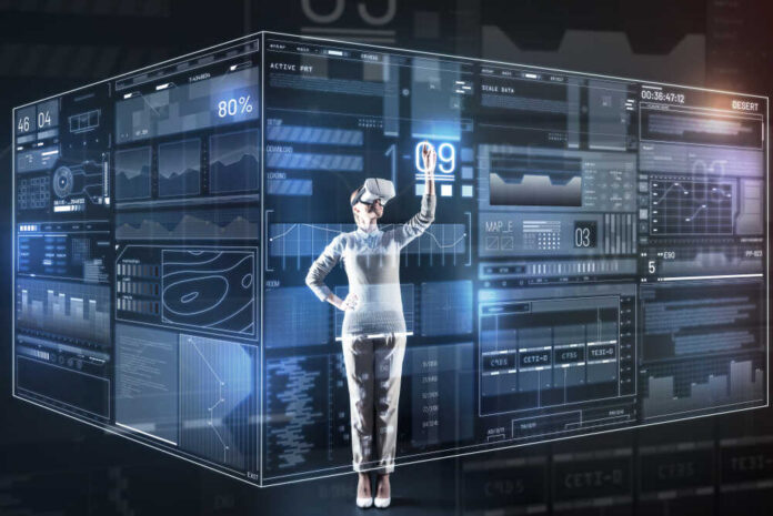 Person using a virtual reality headset interacting with a digital interface