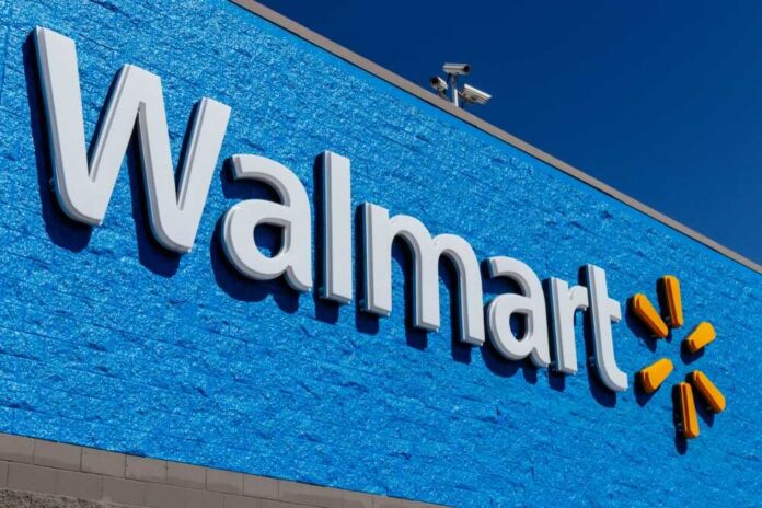 Walmart store sign on a blue wall