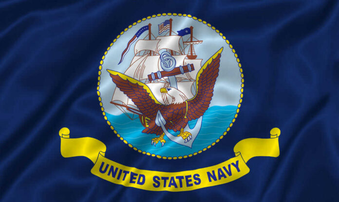 United States Navy flag with eagle and ship.
