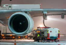Ground crew fueling an aircraft during snowy weather