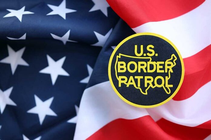 Kyiv,,Ukraine,-,June,26,,2024,U.s.,Border,Patrol,Coat U.S. Border Patrol badge on a background of the American flag