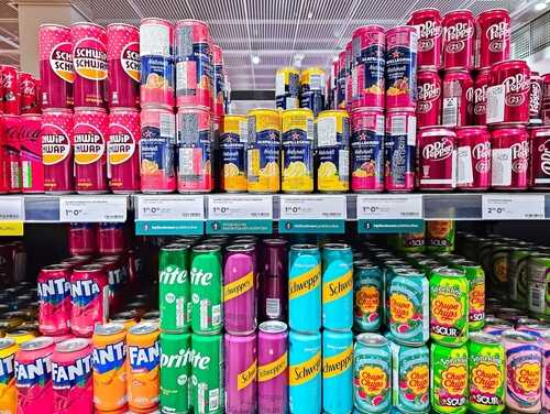 Latvia,,Riga,,September,,22,,2024:,Soda,Pop,Drinks,On,Shelves A variety of soda cans displayed on supermarket shelves