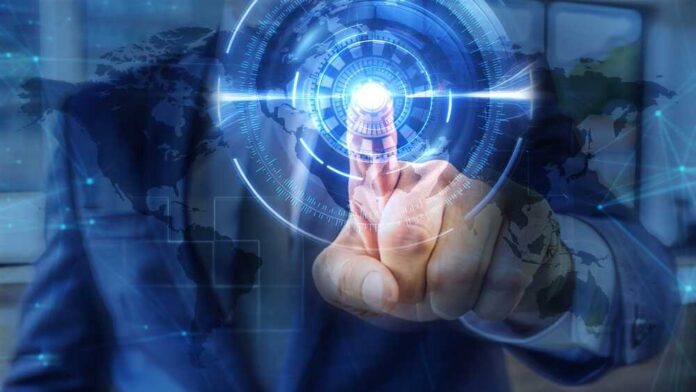 Futuristic,Business,Technology,Interface,With,World,Map,Overlay Businessman interacting with a digital interface displaying a global map