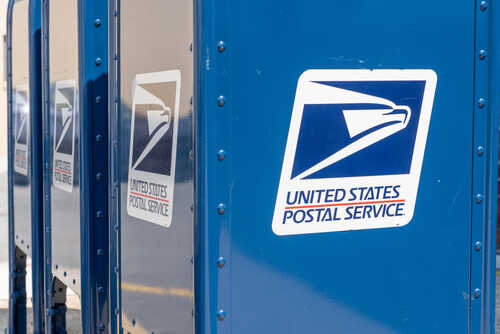New,York,,Ny,-,August,17:,United,States,Postal,Service Row of blue United States Postal Service mailboxes