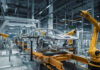 Car assembly line with robotic arms in a factory.