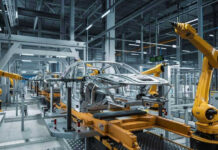 Car assembly line with robotic arms in a factory.