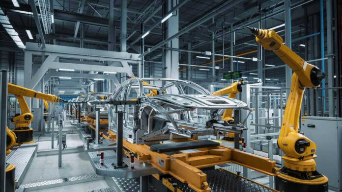Car assembly line with robotic arms in a factory.