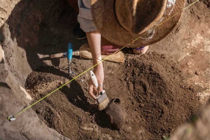 shutterstock_2300986337 Archaeologist uncovering pottery at a dig site.