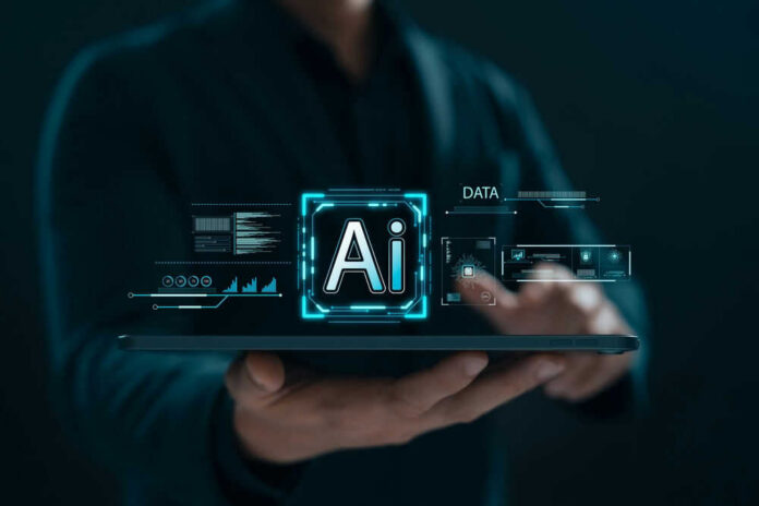 shutterstock_2592607479 Person holding tablet with AI hologram display