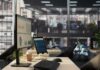 Computer monitor with analytics dashboard in a modern open office