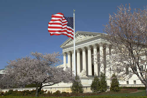 Us,Supreme,Court U.S. Supreme Court building with an American flag and cherry blossom trees