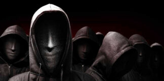 Faceless hooded figures standing in a dark background.