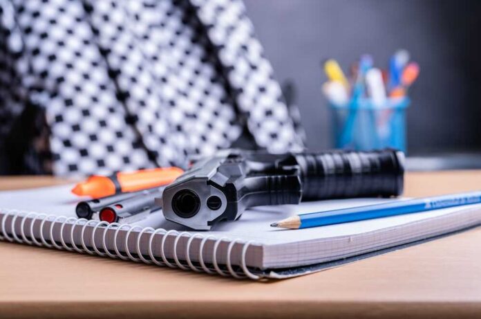 A,Closeup,Shot,Of,School,Supplies,And,A,Gun,On