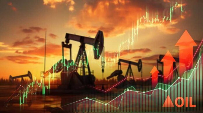 Graphical representation of oil prices with oil pumps at sunset