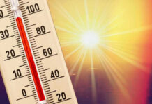Thermometer shows high temperature under scorching sun.