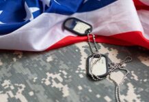 Military dog tags on camouflage fabric with an American flag