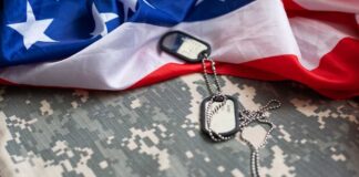 Military dog tags on camouflage fabric with an American flag