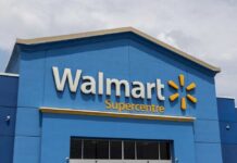 Walmart Supercentre exterior with blue facade and logo